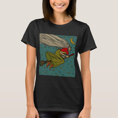 Vintage Halloween Evil Witch Flying on Broomstick T_Shirt