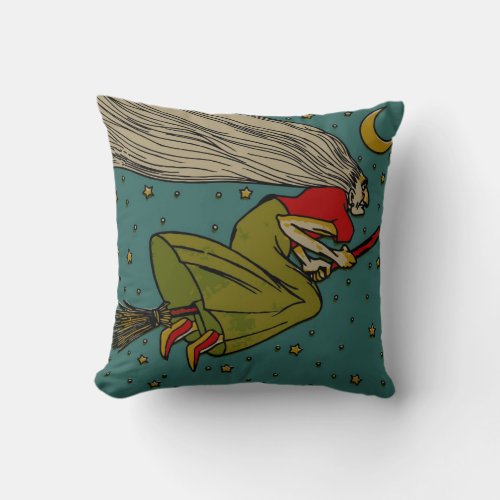 Vintage Halloween Evil Witch Flying on Broomstick Throw Pillow