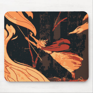 Vintage Halloween, Evil Witch with Fire in Forest Mouse Pad