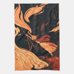 Vintage Halloween, Evil Witch with Fire in Forest Towel