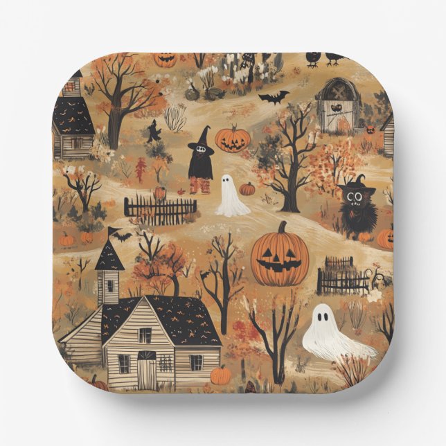 Vintage Halloween farm pattern Paper Plates (Front)