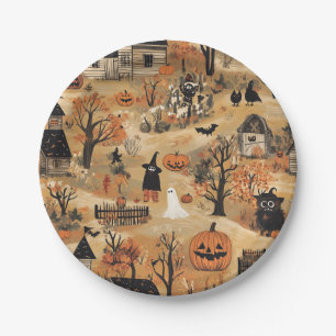 Vintage Halloween farm pattern Paper Plates