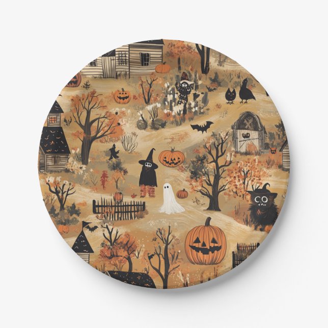 Vintage Halloween farm pattern Paper Plates (Front)