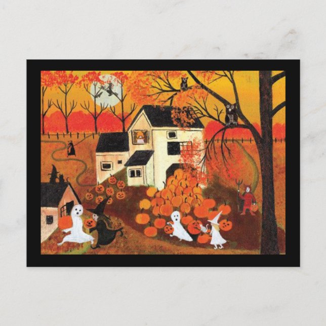 Vintage Halloween Farmhouse Postcard (Front)
