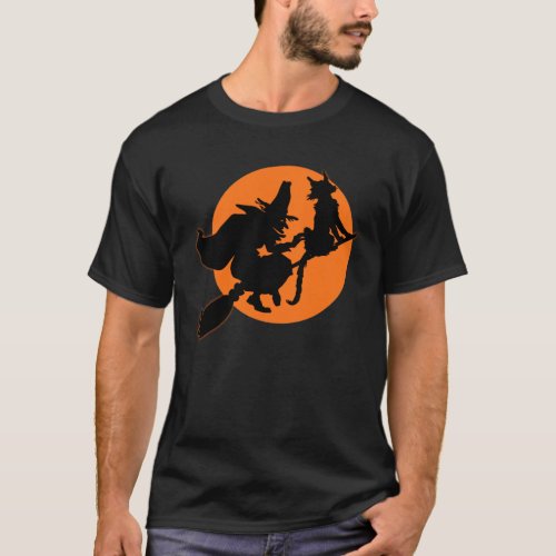 Vintage Halloween Flying Witch and Black Cat T_Shirt