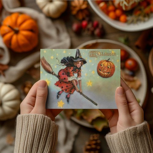 Vintage Halloween Flying Witch And Pumpkin Note Card