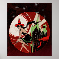 Vintage Halloween Flying Witch Art Poster