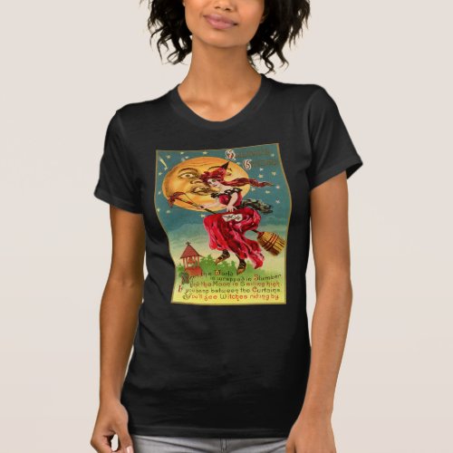 Vintage Halloween Flying Witch on Broom T_Shirt