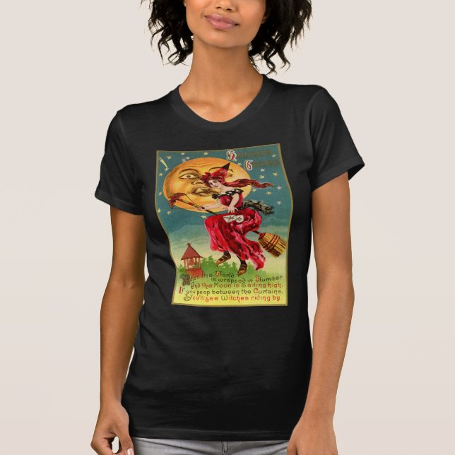 Vintage Halloween Flying Witch on Broom T-Shirt (Front)