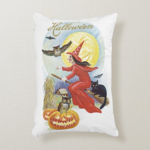 Vintage Halloween Flying Witch with a Black Cat Accent Pillow