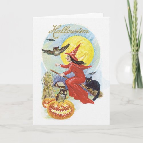 Vintage Halloween Flying Witch with a Black Cat Card