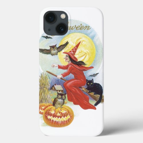Vintage Halloween Flying Witch with a Black Cat iPhone 13 Case