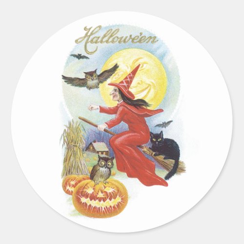 Vintage Halloween Flying Witch with a Black Cat Classic Round Sticker