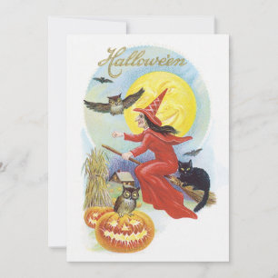 Vintage Halloween, Flying Witch with a Black Cat Invitation