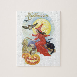Vintage Halloween, Flying Witch with a Black Cat Jigsaw Puzzle