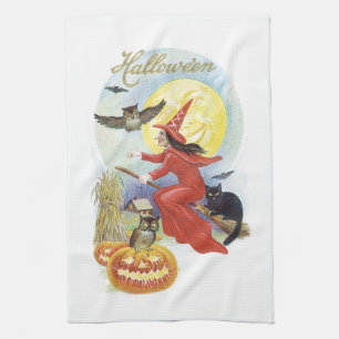 Vintage Halloween, Flying Witch with a Black Cat Kitchen Towel
