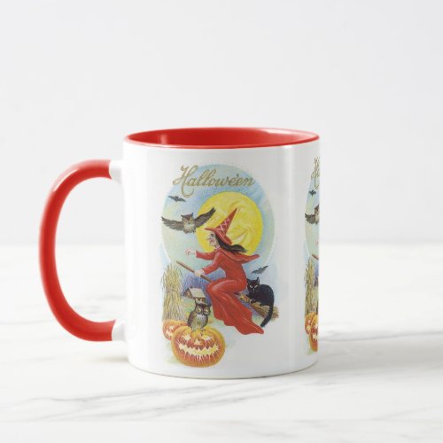 Vintage Halloween Flying Witch with a Black Cat Mug