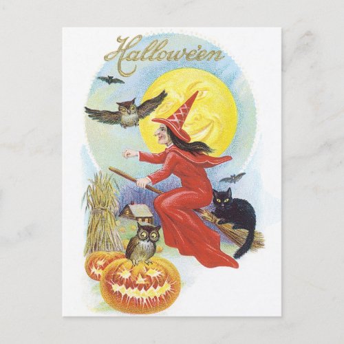Vintage Halloween Flying Witch with a Black Cat  Postcard