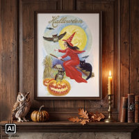 Vintage Halloween, Flying Witch with a Black Cat