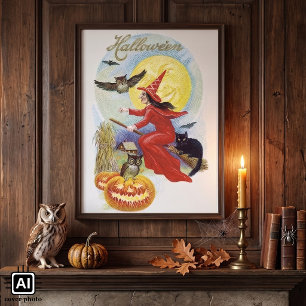 Vintage Halloween, Flying Witch with a Black Cat Poster