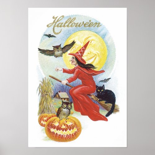 Vintage Halloween Flying Witch with a Black Cat Poster