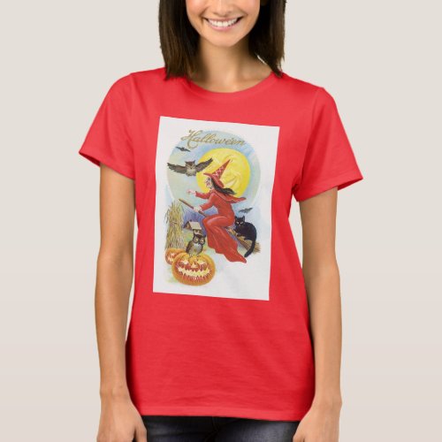 Vintage Halloween Flying Witch with a Black Cat T_Shirt