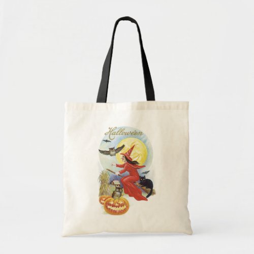 Vintage Halloween Flying Witch with a Black Cat Tote Bag