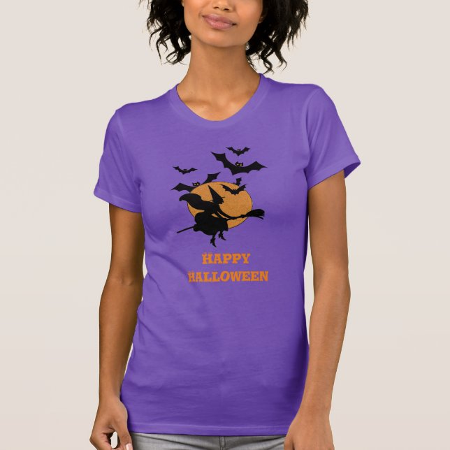 Vintage Halloween Flying Witch with  Bats  T-Shirt (Front)