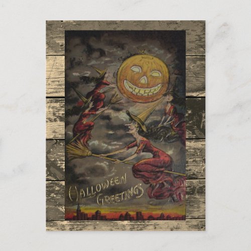 Vintage Halloween flying witches pumpkin Postcard
