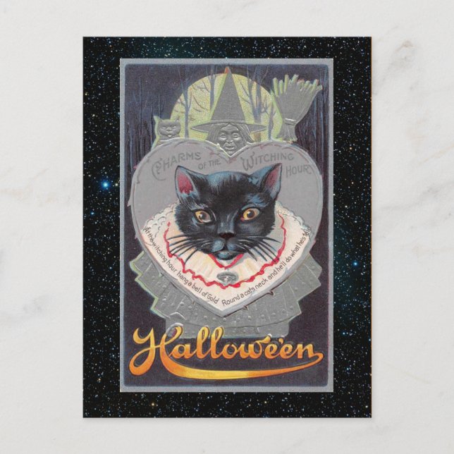Vintage Halloween Funnycat illustration Postcard (Front)