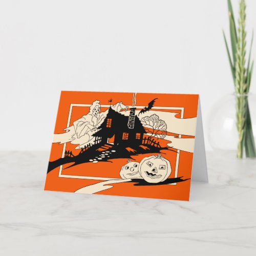 Vintage Halloween Ghost and Haunted House Card