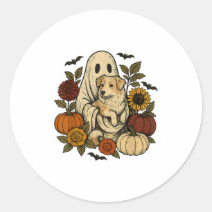 Vintage Halloween Ghost Aussie Dog Autumn Flowers Classic Round Sticker