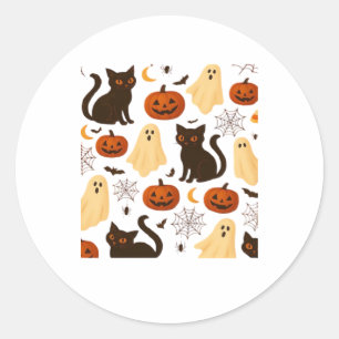 Vintage Halloween Ghost & Black Cat Pattern Classi Classic Round Sticker