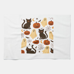 Vintage Halloween Ghost & Black Cat Pattern Classi Kitchen Towel
