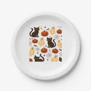 Vintage Halloween Ghost & Black Cat Pattern Classi Paper Plates