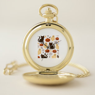 Vintage Halloween Ghost & Black Cat Pattern Classi Pocket Watch