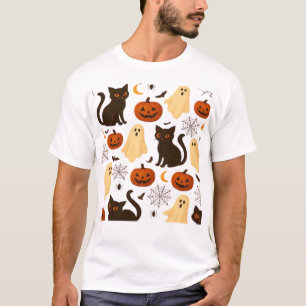Vintage Halloween Ghost & Black Cat Pattern Classi T-Shirt