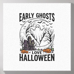 Vintage Halloween Ghost Haunted Moon Engraving Art Canvas Photo Tile