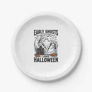 Vintage Halloween Ghost Haunted Moon Engraving Art Paper Plates