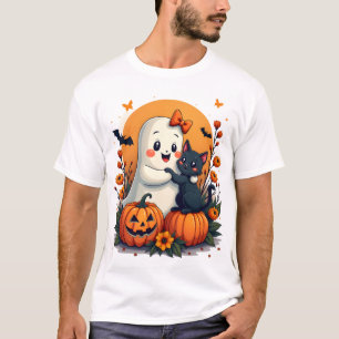 Vintage Halloween Ghost Holding Black Cat Groovy F T-Shirt