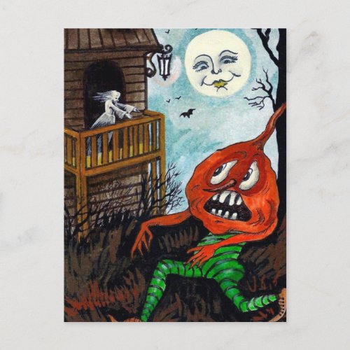 Vintage Halloween ghost pumpkin moon postcard