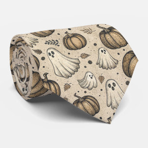 Vintage Halloween Ghost Pumpkin Rustic Parchment Neck Tie