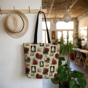 Vintage Halloween Ghost & Red Rose Postage Stamp Tote Bag