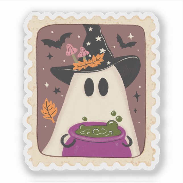 Vintage Halloween Ghost Witch & Cauldron Stamp Sticker (Front)
