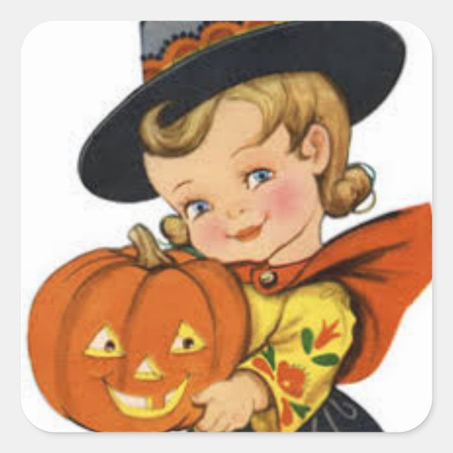Vintage Halloween Girl Holding Pumpkin Square Sticker (Front)