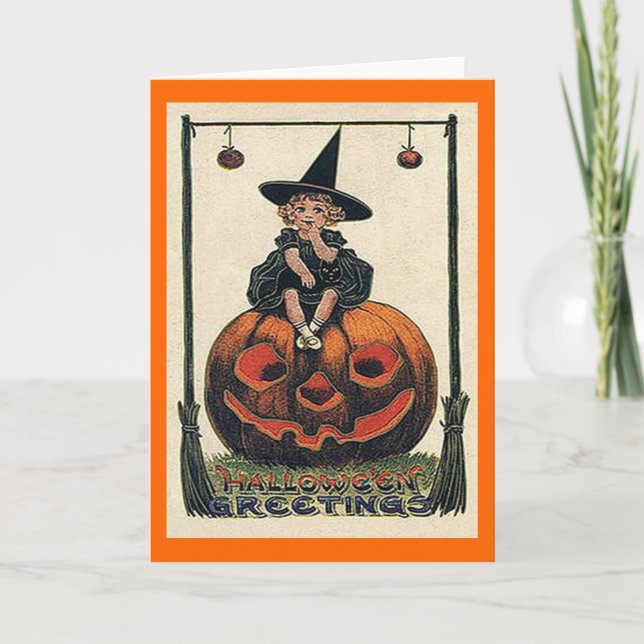 Vintage Halloween Girl on Jack o'Lantern Card (Front)