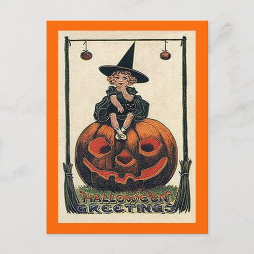 Vintage Halloween Girl on Jack oLantern Postcard