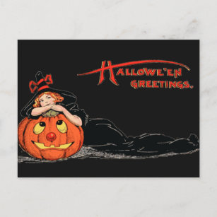 Vintage Halloween Girl Witch and Pumpkin Postcard