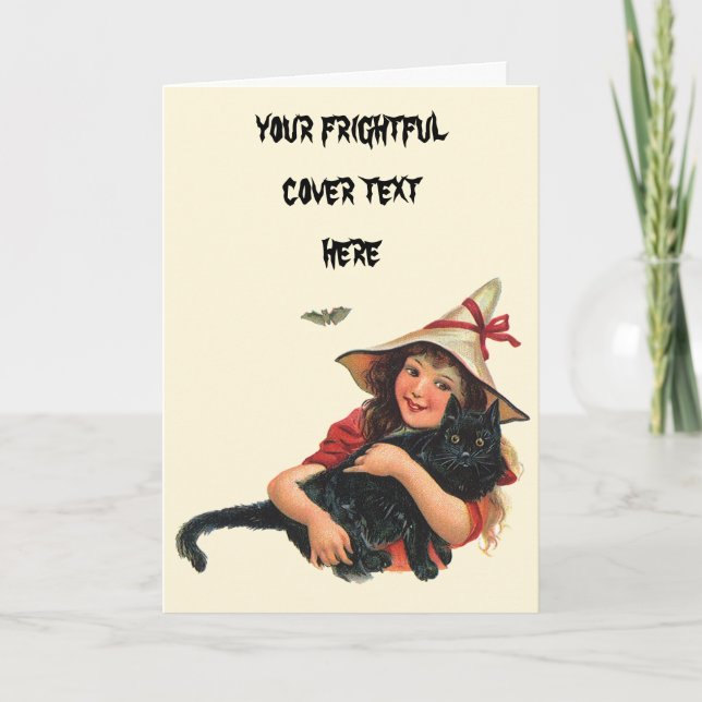 Vintage Halloween, Girl Witch with Black Cat Card (Front)