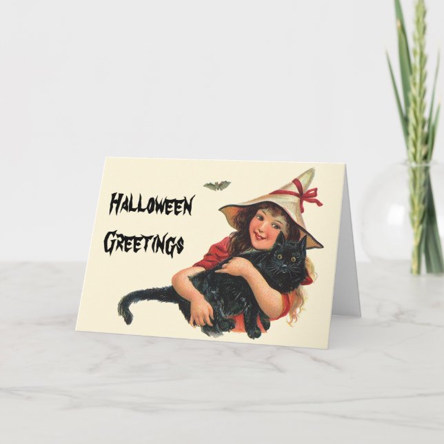 Vintage Halloween, Girl Witch with Black Cat Card (Front)